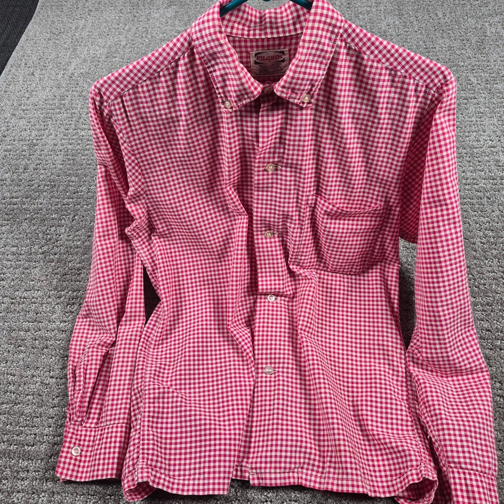 Vintage 60s Pilgrim Sears Shirt Mens S (fit XS) Red Gingham Plaid Button Down